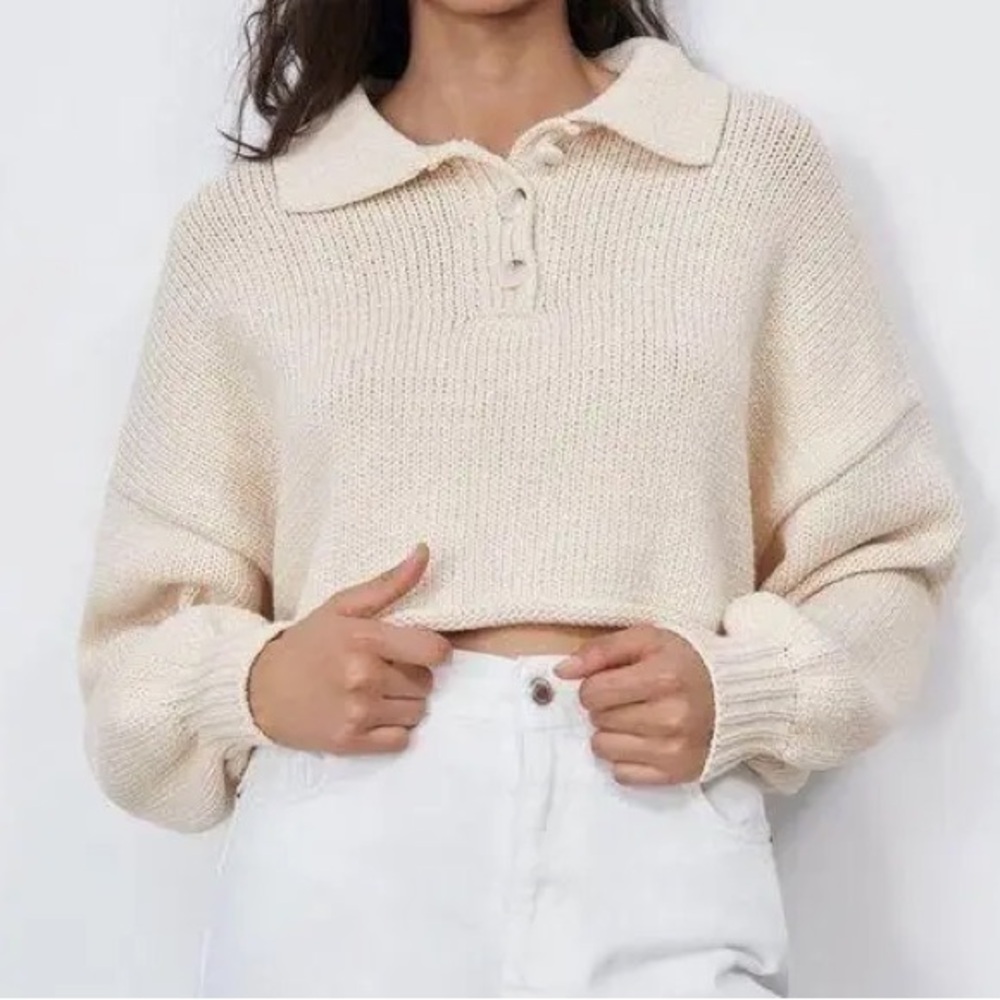 Zara Cream Knit Collared Cropped Sweater